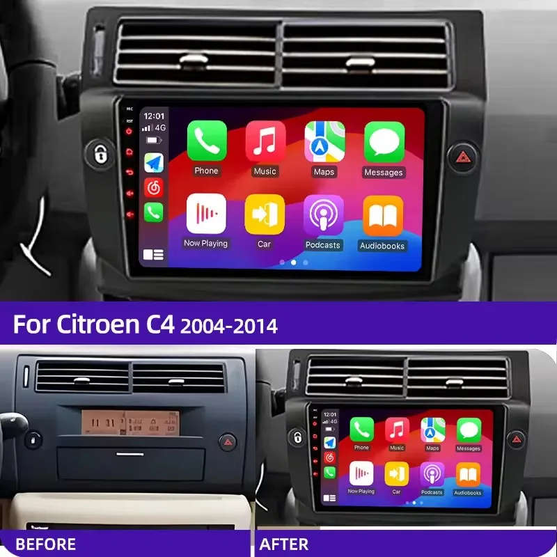 Android 14 Carplay Car Radio For Citroen C4 C-Triomphe Quatre 2004 - 2014 Navigation GPS Multimed...