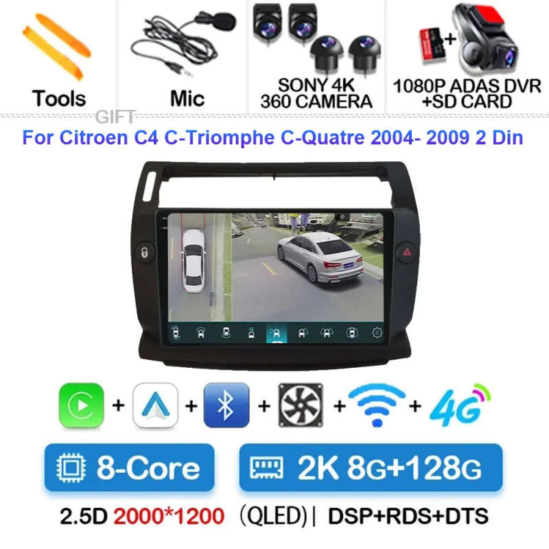 Android 14 Carplay Car Radio For Citroen C4 C-Triomphe Quatre 2004 - 2014 Navigation GPS Multimed...