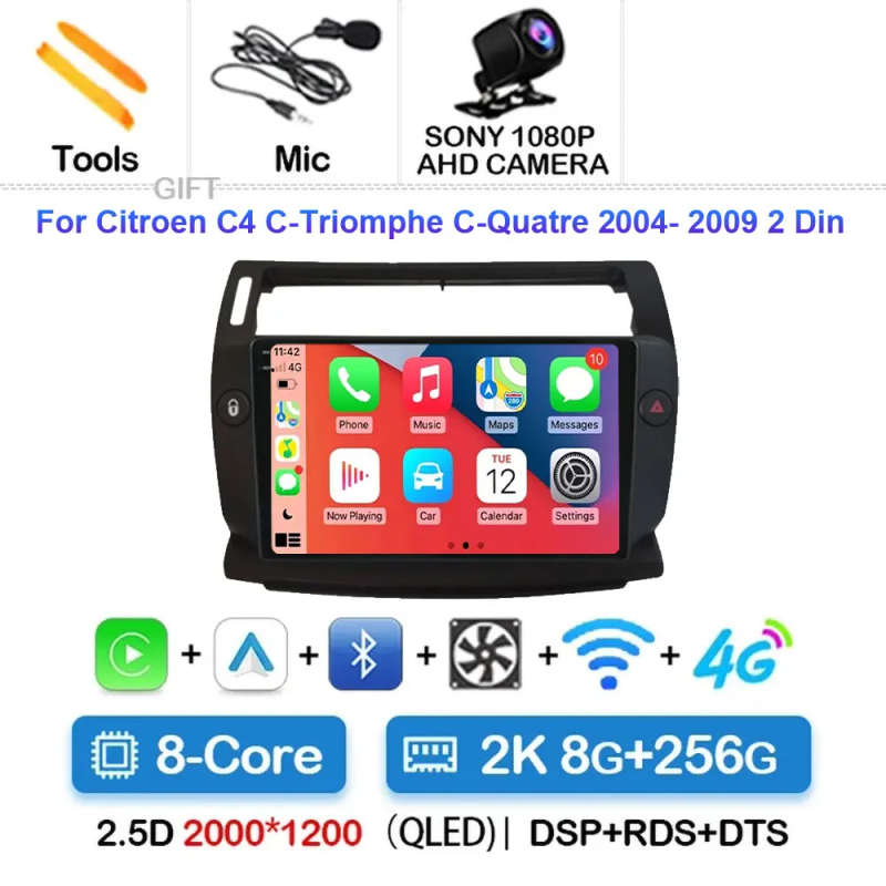 Android 14 Carplay Car Radio For Citroen C4 C-Triomphe Quatre 2004 - 2014 Navigation GPS Multimed...