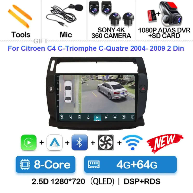 Android 14 Carplay Car Radio For Citroen C4 C-Triomphe Quatre 2004 - 2014 Navigation GPS Multimed...
