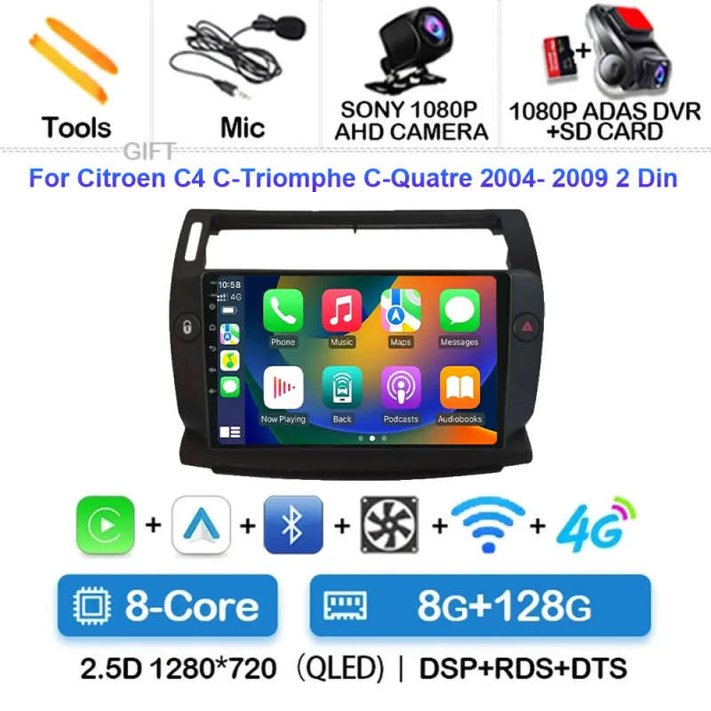Android 14 Carplay Car Radio For Citroen C4 C-Triomphe Quatre 2004 - 2014 Navigation GPS Multimed...