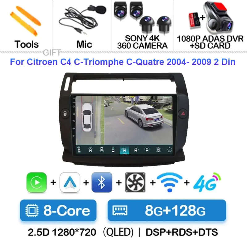 Android 14 Carplay Car Radio For Citroen C4 C-Triomphe Quatre 2004 - 2014 Navigation GPS Multimed...