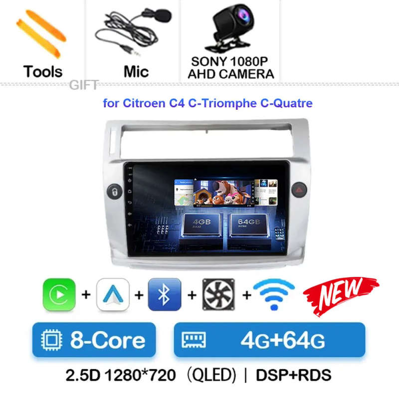 Android 14 Carplay Car Radio For Citroen C4 C-Triomphe Quatre 2004 - 2014 Navigation GPS Multimed...