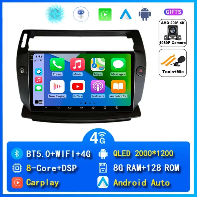 Android 14 Carplay Car Radio For Citroen C4 C-Triomphe Quatre 2004-2014 Navigation GPS Multimedia...