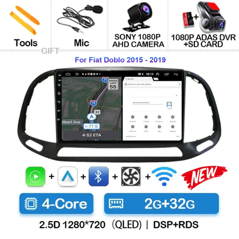 Android 14 Carplay Car Radio For Fiat Doblo 2015 2016 - 2019 Navigation GPS Multimedia Player wif...