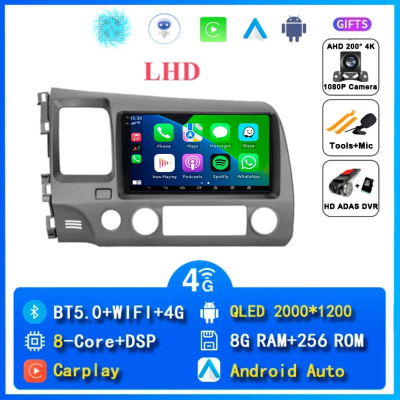 Android 14 Carplay Car Radio For Honda Civic 8 2005 2006 -2012 Navigation GPS Multimedia Player S...
