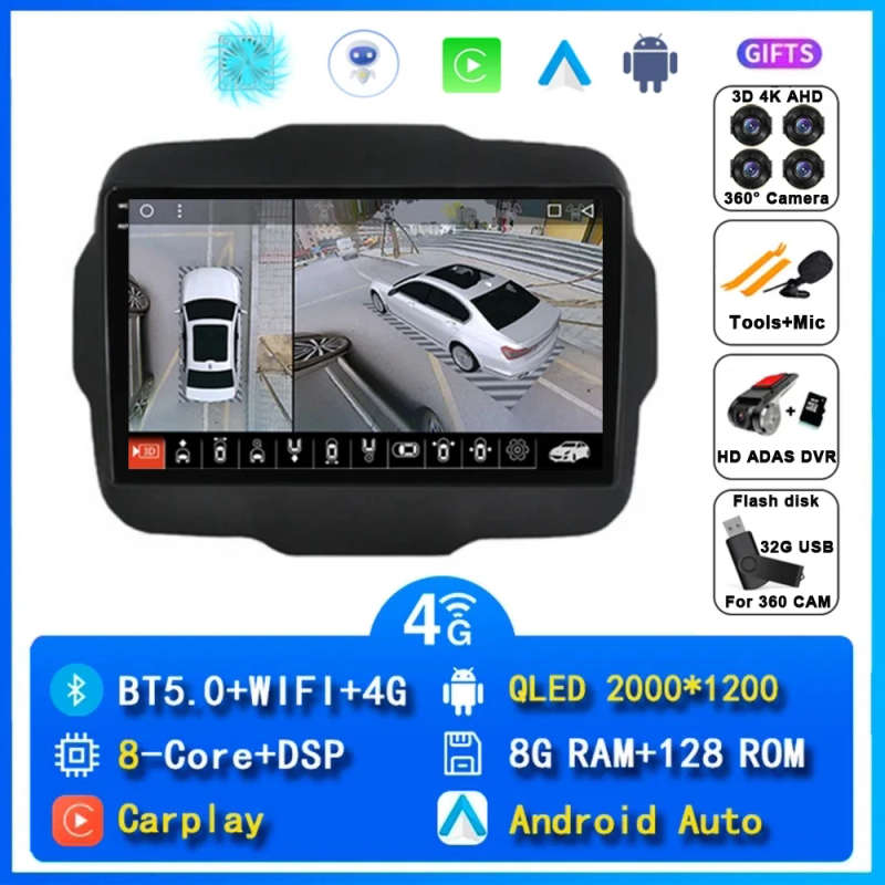 Android 14 Carplay Car Radio For Jeep Renegade 2016 2017 2018 2019 2020 Navigation GPS Multimedia...