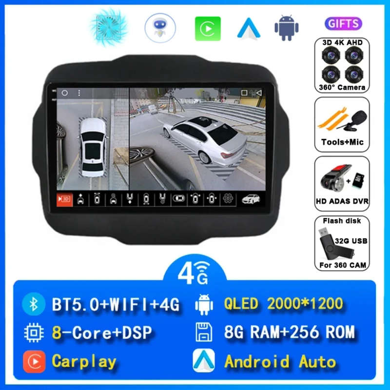 Android 14 Carplay Car Radio For Jeep Renegade 2016 2017 2018 2019 2020 Navigation GPS Multimedia...