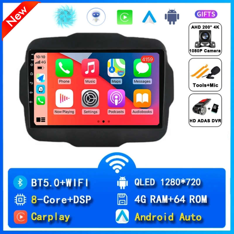 Android 14 Carplay Car Radio For Jeep Renegade 2016 2017 2018 2019 2020 Navigation GPS Multimedia...