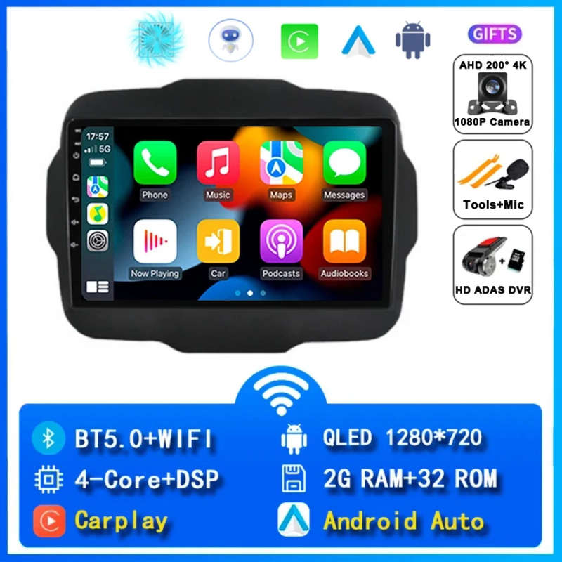 Android 14 Carplay Car Radio For Jeep Renegade 2016 2017 2018 2019 2020 Navigation GPS Multimedia...