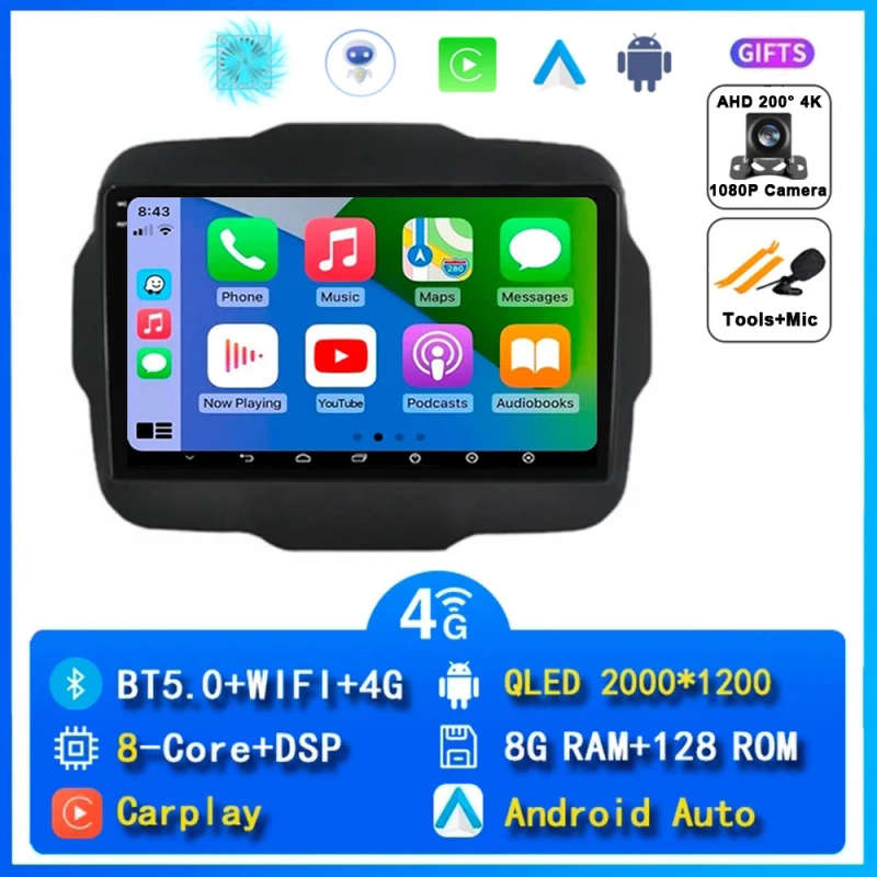Android 14 Carplay Car Radio For Jeep Renegade 2016 2017 2018 2019 2020 Navigation GPS Multimedia...