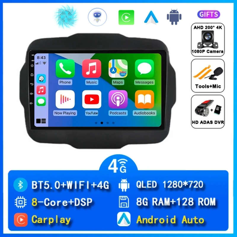 Android 14 Carplay Car Radio For Jeep Renegade 2016 2017 2018 2019 2020 Navigation GPS Multimedia...