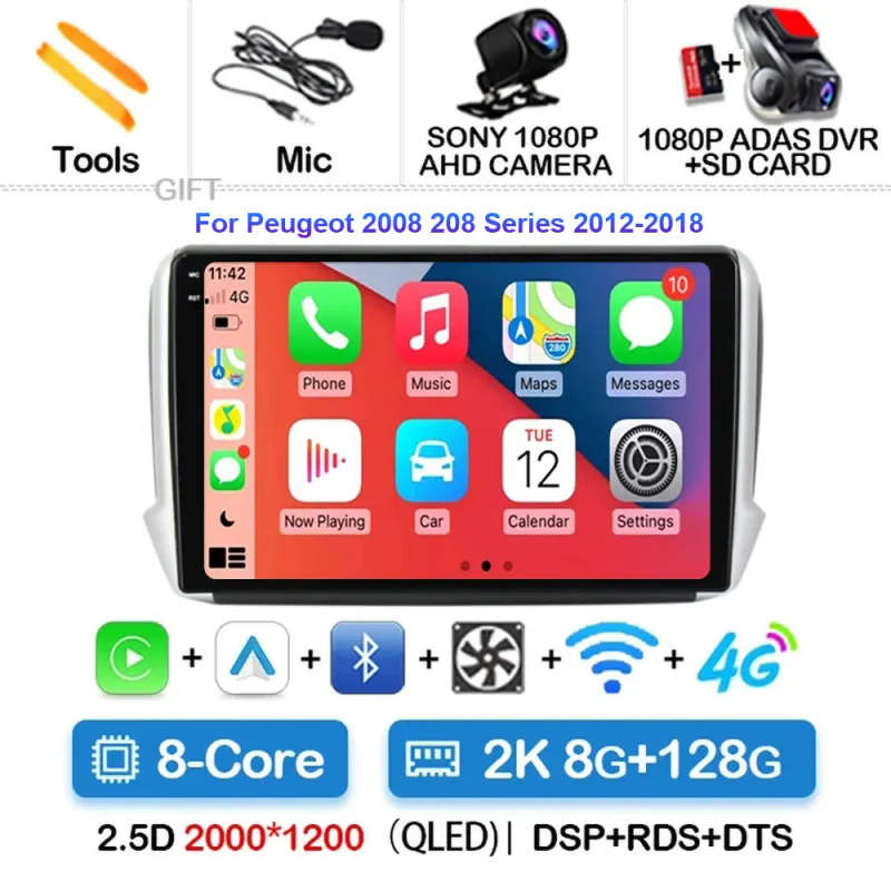 Android 14 Carplay Car Radio For Peugeot 2008 208 Multimedia System 2012 - 2018 Navigation GPS Mu...