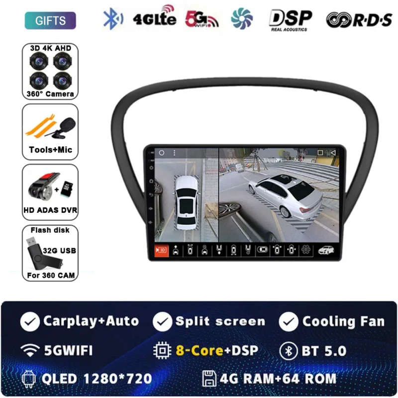 Android 14 Carplay Car Radio For Peugeot 607 2004 2005 - 2010 Navigation GPS Multimedia Player st...