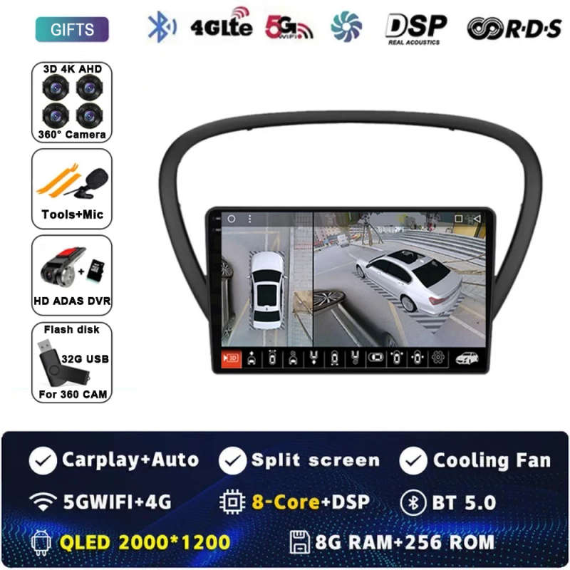 Android 14 Carplay Car Radio For Peugeot 607 2004 2005 - 2010 Navigation GPS Multimedia Player st...
