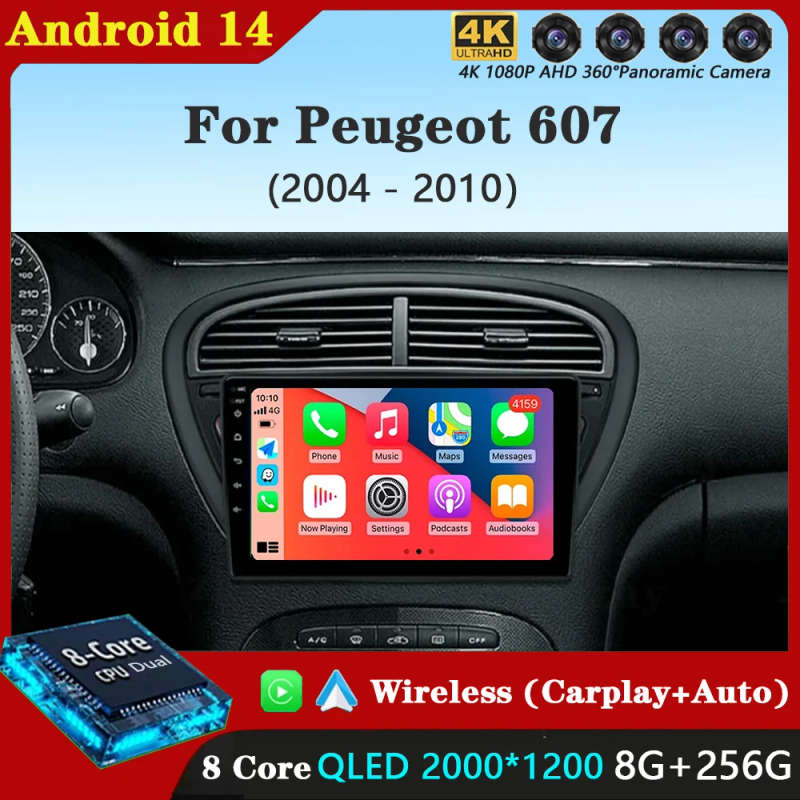 Android 14 Carplay Car Radio For Peugeot 607 2004 2005 - 2010 Navigation GPS Multimedia Player st...