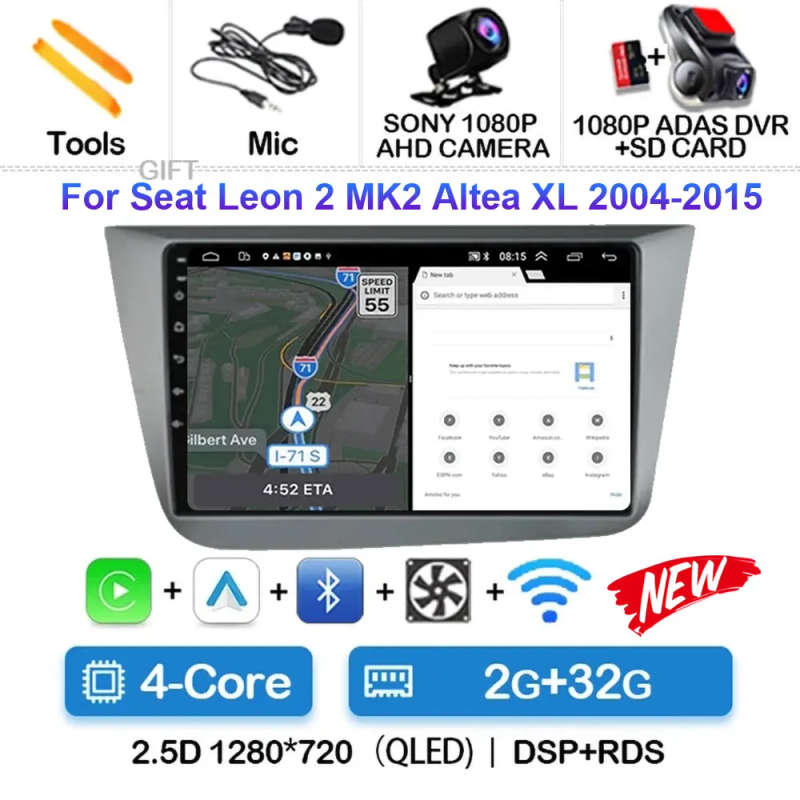 Android 14 Carplay Car Radio For Seat Leon 2 MK2 2004 2006 2007 - 2015 Navigation GPS Multimedia ...