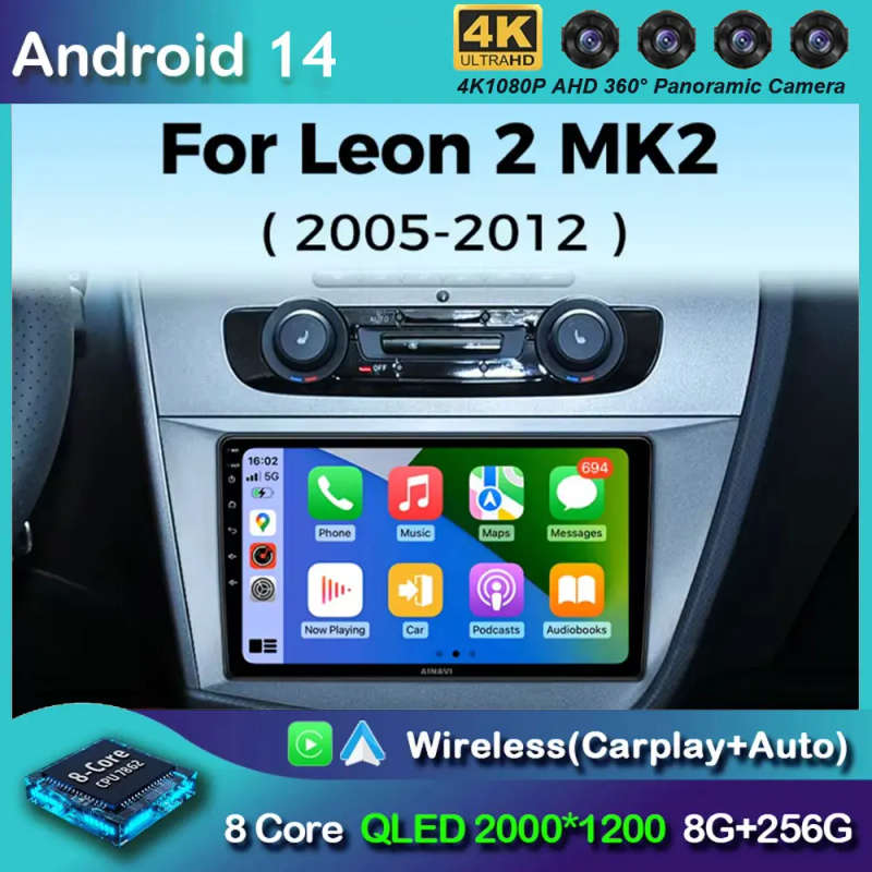 Android 14 Carplay Car Radio For Seat Leon 2 MK2 2004 2006 2007 - 2015 Navigation GPS Multimedia ...