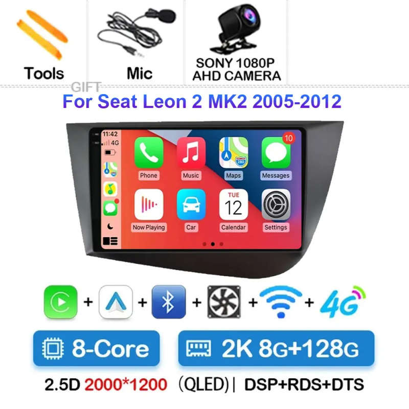 Android 14 Carplay Car Radio For Seat Leon 2 MK2 2005 2006 2007 - 2012 Navigation GPS Multimedia ...