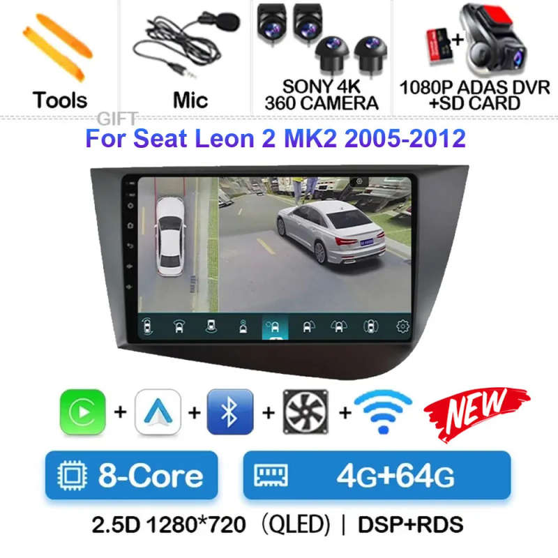 Android 14 Carplay Car Radio For Seat Leon 2 MK2 2005 2006 2007 - 2012 Navigation GPS Multimedia ...