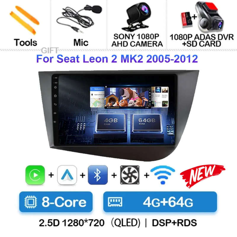 Android 14 Carplay Car Radio For Seat Leon 2 MK2 2005 2006 2007 - 2012 Navigation GPS Multimedia ...
