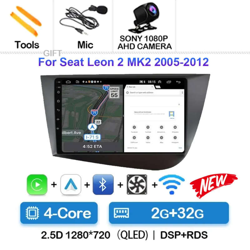 Android 14 Carplay Car Radio For Seat Leon 2 MK2 2005 2006 2007 - 2012 Navigation GPS Multimedia ...