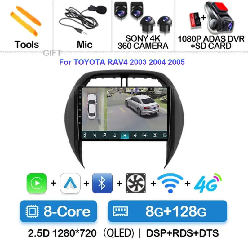 Android 14 Carplay Car Radio For TOYOTA RAV4 2003 2004 2005 Navigation Multimedia Player Stereo W...