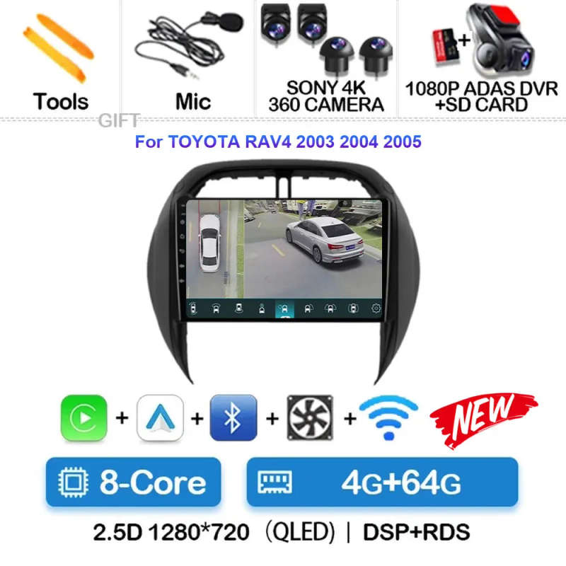 Android 14 Carplay Car Radio For TOYOTA RAV4 2003 2004 2005 Navigation Multimedia Player Stereo W...