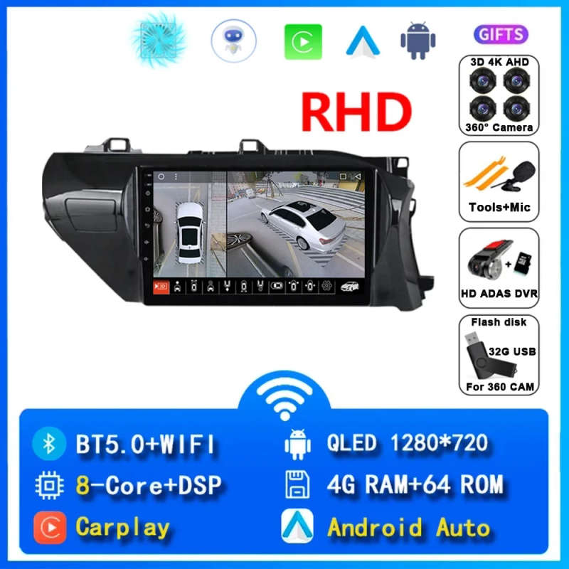 Android 14 Carplay Car Radio For Toyota HILUX REVO VIGO IMV 2016 2017 Navigation GPS Multimedia P...