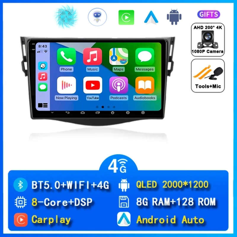 Android 14 Carplay Car Radio For Toyota RAV4 Rav 4 2005 2006 2007 - 2013 Navigation GPS Multimedi...