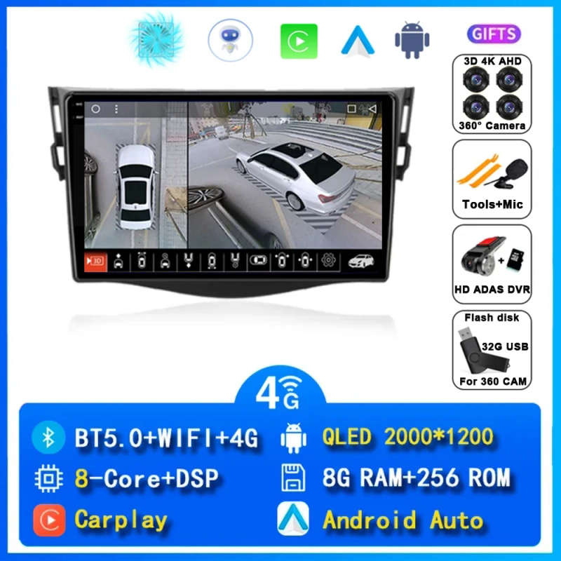 Android 14 Carplay Car Radio For Toyota RAV4 Rav 4 2005 2006 2007 - 2013 Navigation GPS Multimedi...