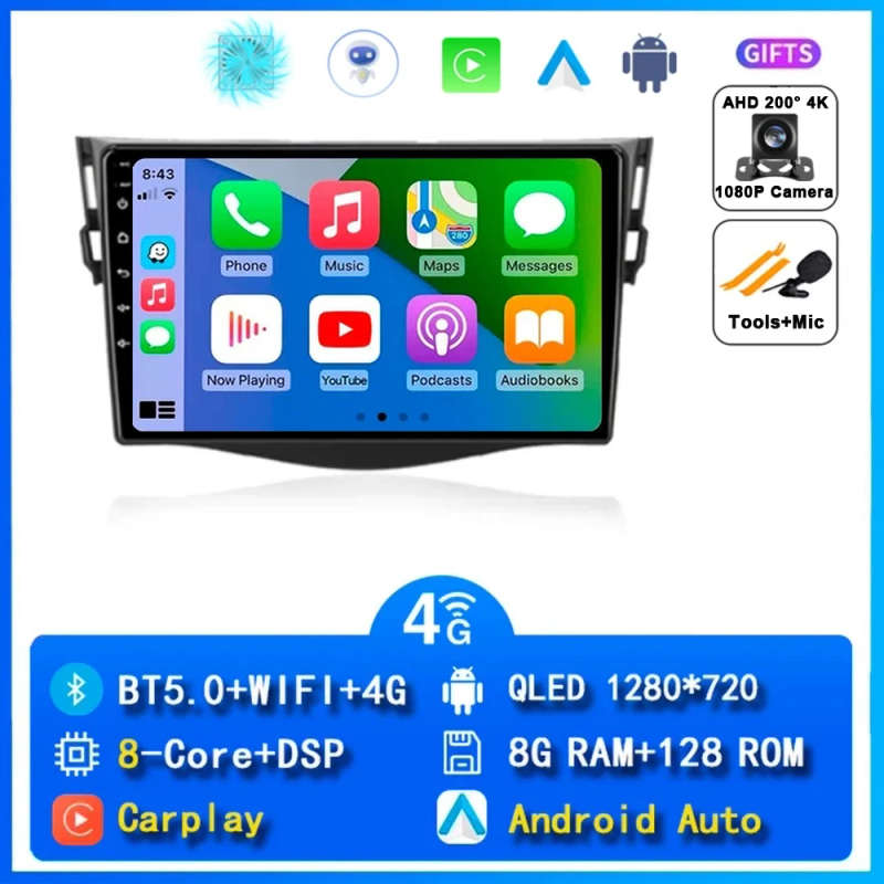 Android 14 Carplay Car Radio For Toyota RAV4 Rav 4 2005 2006 2007 - 2013 Navigation GPS Multimedi...