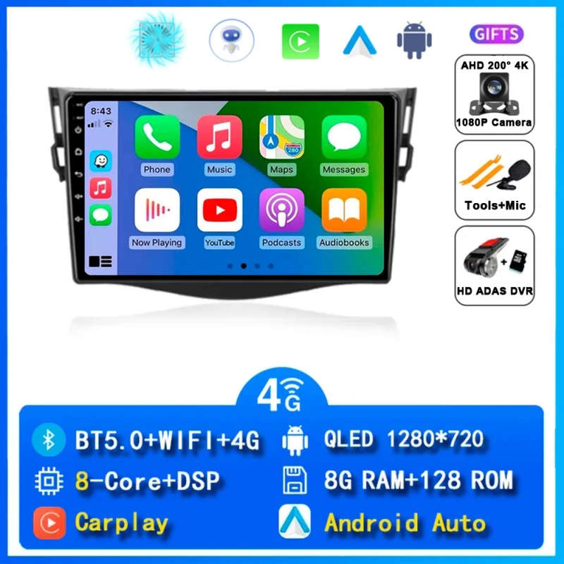Android 14 Carplay Car Radio For Toyota RAV4 Rav 4 2005 2006 2007 - 2013 Navigation GPS Multimedi...