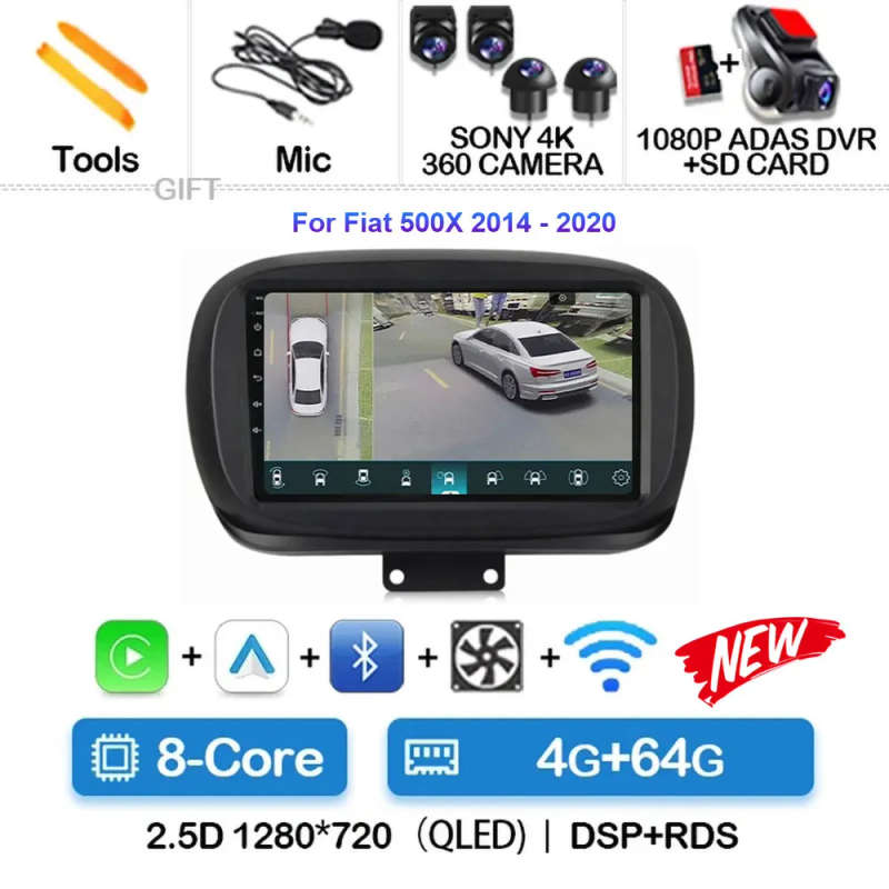 Android 14 For Fiat 500X 2014 2015 2016 2017 - 2020 Car Radio Navigation Multimedia Player GPS Wi...