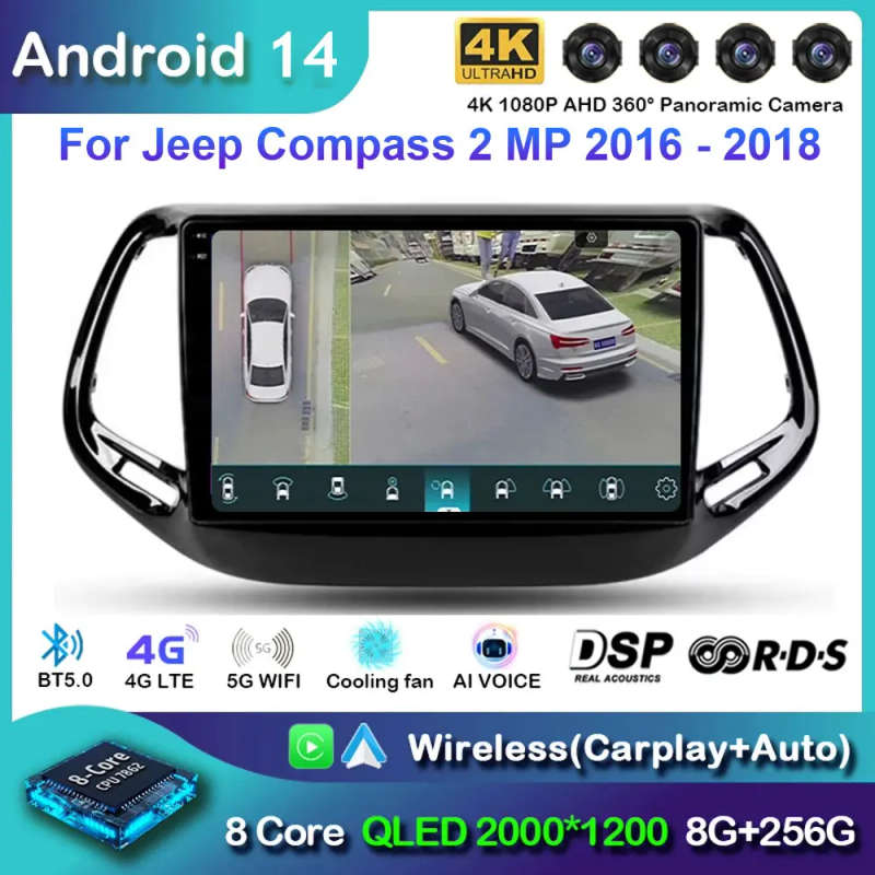 Android 14 For Jeep Compass 2 MP 2016 2017 2018 2019 Multimedia Navigation GPS Auto Radio Player ...