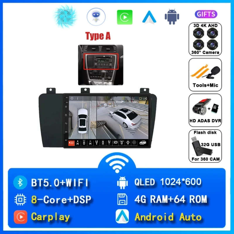 Android 14 For Volvo XC70 V70 S60 2000 - 2009 Can Radio Head Unit CarPlay Auto Multimedia Player ...