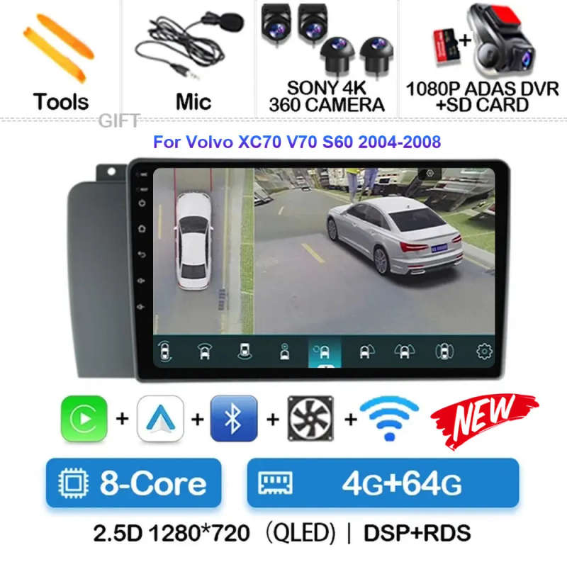 Android 14 For Volvo XC70 V70 S60 2000 - 2009 Radio Unit CarPlay Auto Multimedia Player Touchscre...
