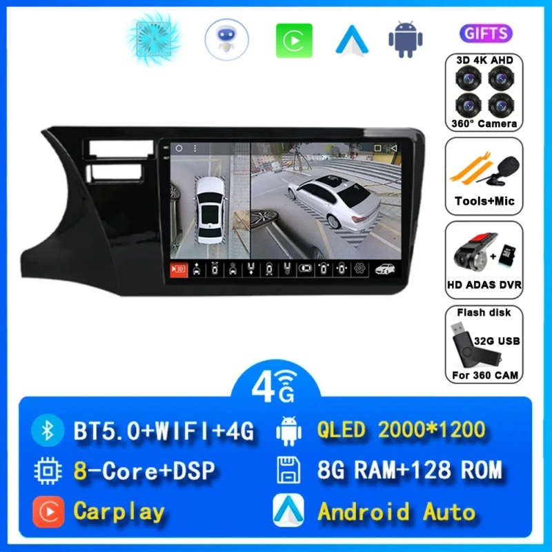 Android 14 wireless Carplay Auto Car Radio For Honda City LHD 2014 - 2017 Navigation GPS Multimed...