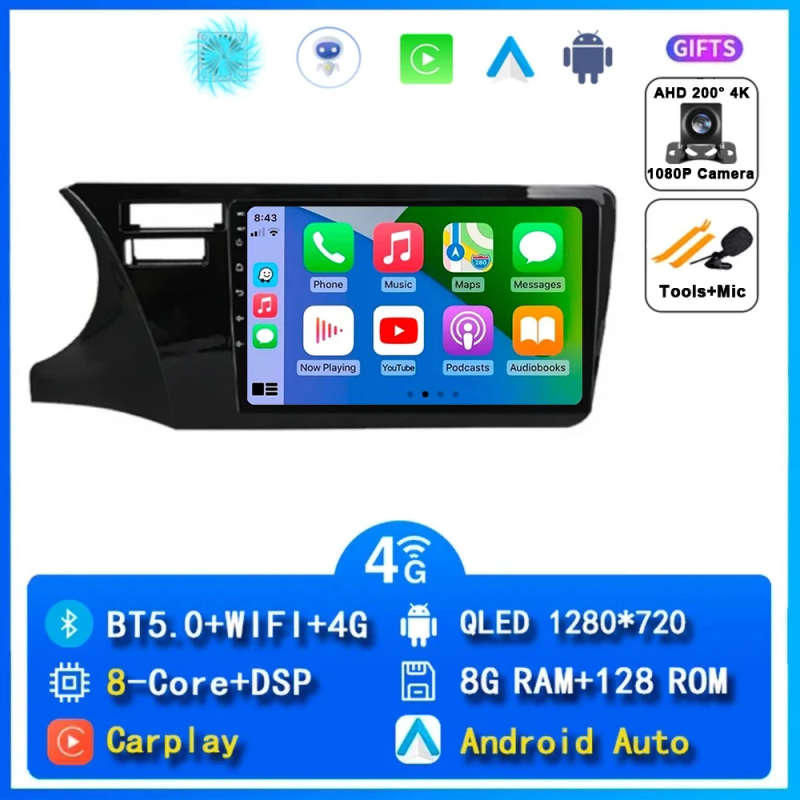 Android 14 wireless Carplay Auto Car Radio For Honda City LHD 2014 - 2017 Navigation GPS Multimed...