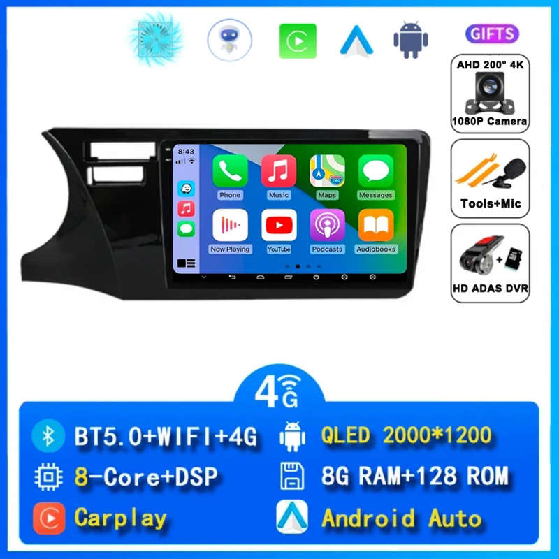 Android 14 wireless Carplay Auto Car Radio For Honda City LHD 2014 - 2017 Navigation GPS Multimed...