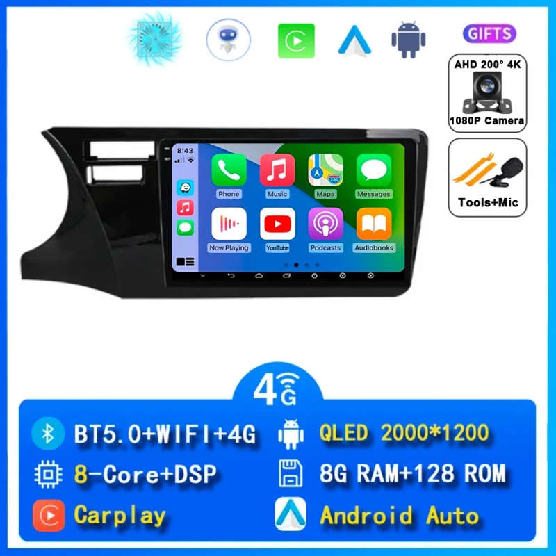 Android 14 wireless Carplay Auto Car Radio For Honda City LHD 2014 - 2017 Navigation GPS Multimed...