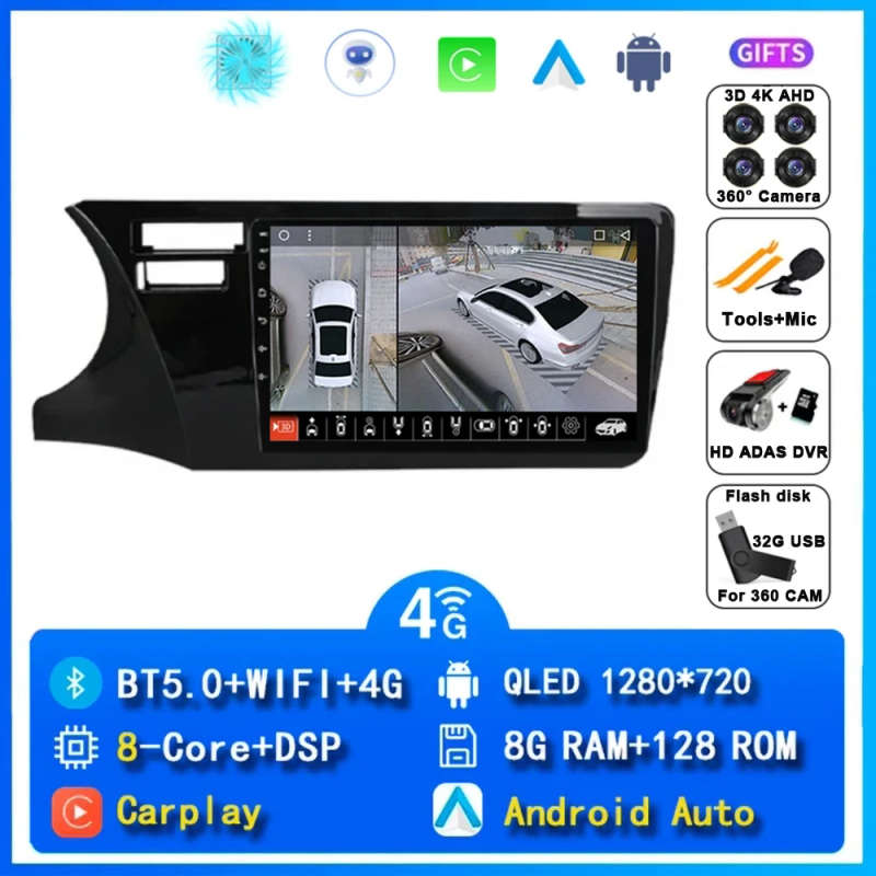 Android 14 wireless Carplay Auto Car Radio For Honda City LHD 2014 - 2017 Navigation GPS Multimed...