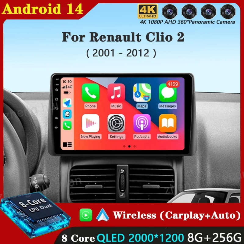 Car Radio Wireless Carplay For Renault Clio 2 BB CB 2001 - 2012 Navigation GPS Android Auto QLED ...