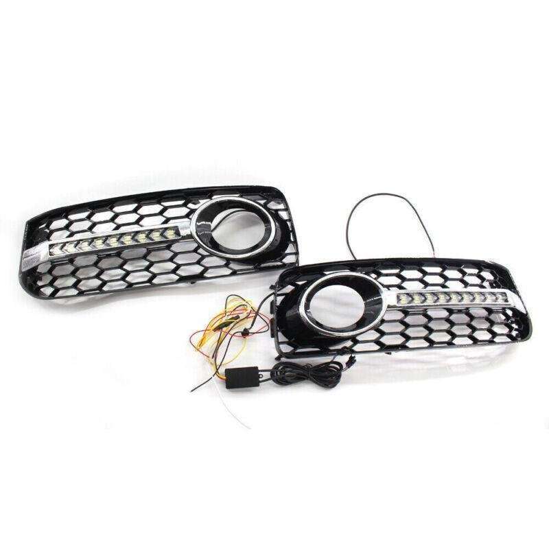 2x Honeycomb Mesh Grille Flowing LED Fog Light Cover Turn Signal For Audi S5 RS5