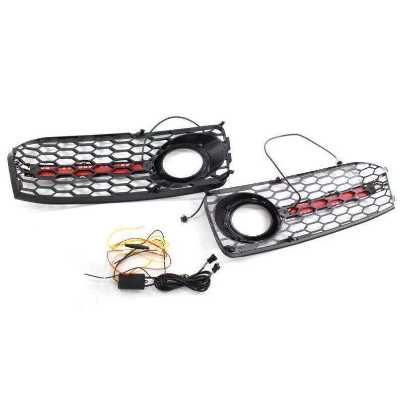 2x Honeycomb Mesh Grille Flowing LED Fog Light Cover Turn Signal For Audi S5 RS5
