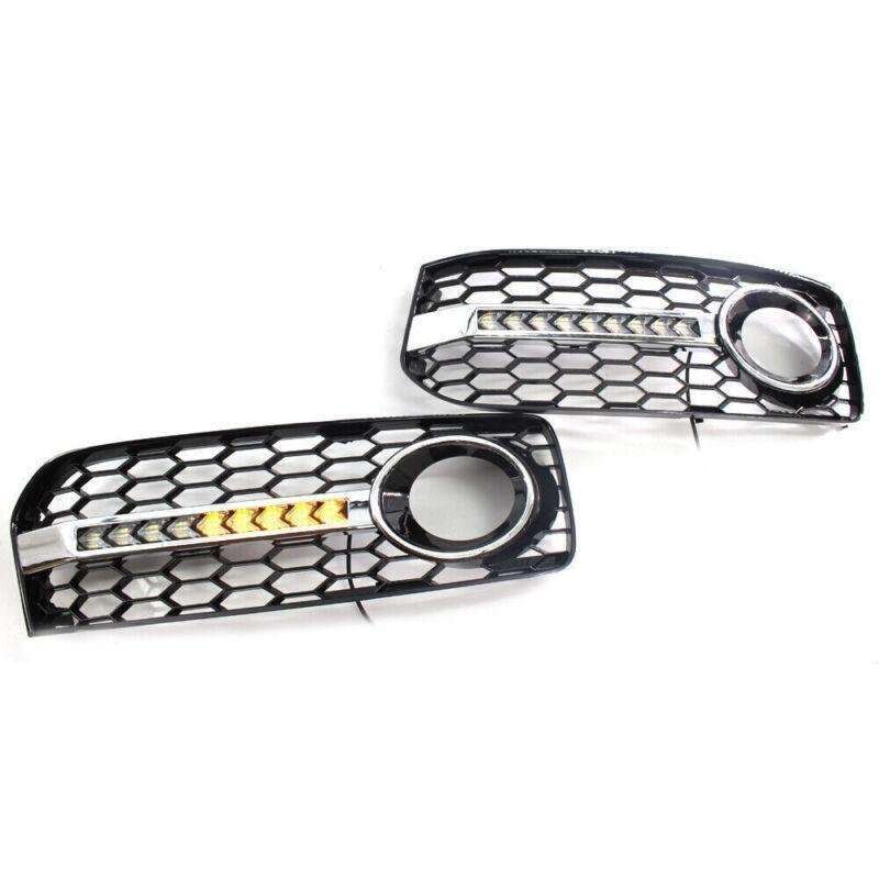 2x Honeycomb Mesh Grille Flowing LED Fog Light Cover Turn Signal For Audi S5 RS5