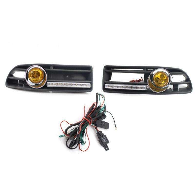 Car GRILLE Halogen FOG LIGHT Fit FOR VW JETTA BORA 99-04 LED DRL Yellow Lens