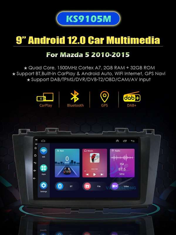 9" Android Auto CarPlay DAB Car Radio Head Unit GPS Stereo For MAZDA5 2010-2015