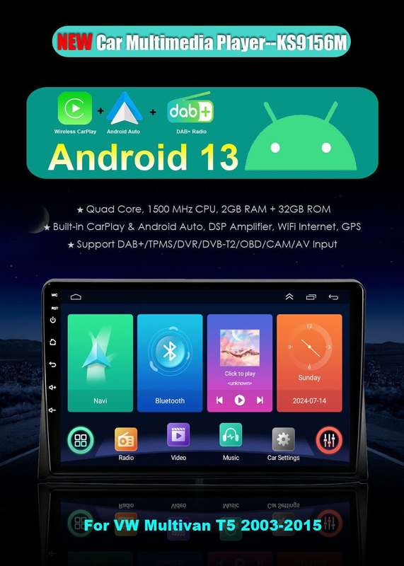Android 13 Head Unit GPS Radio Car Multimedia Stereo For Volkswagen Multivan T5