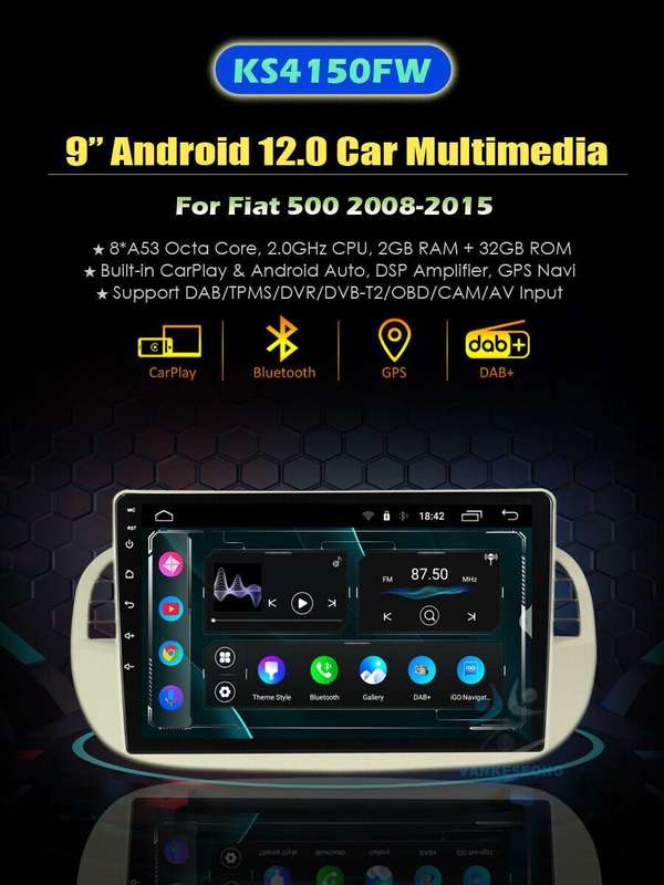 For Fiat 500 2008-2015 Apple Carplay Android12 Car Stereo Radio GPS BT Head Unit